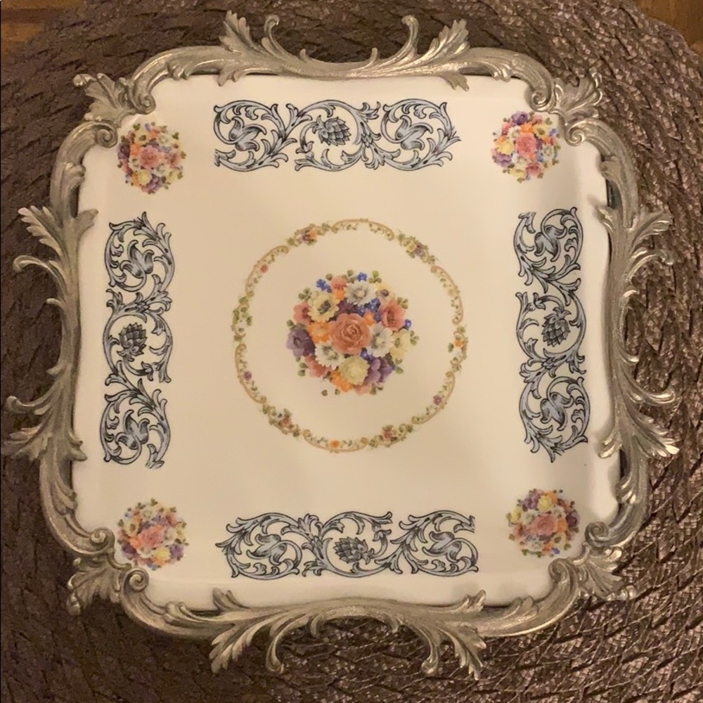 # 875 Vintage Bavaria Plate with metal border.